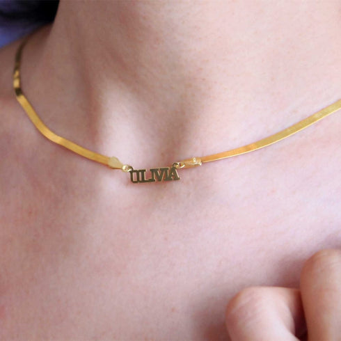 Custom Name Herringbone Chain – Gold Plated Personalized Necklace