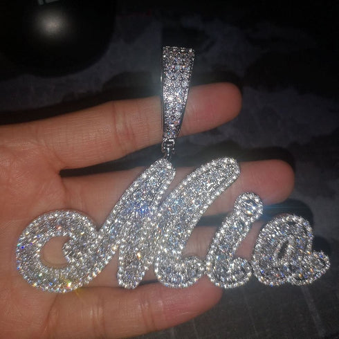 VVS Jewelry Custom Name Brush Cursive Baguette Pendant and Chain