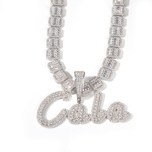 VVS Jewelry Custom Name Brush Cursive Baguette Pendant and Chain