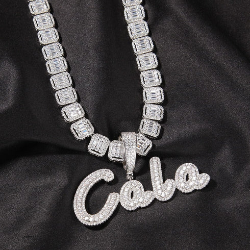 VVS Jewelry Custom Name Brush Cursive Baguette Pendant and Chain