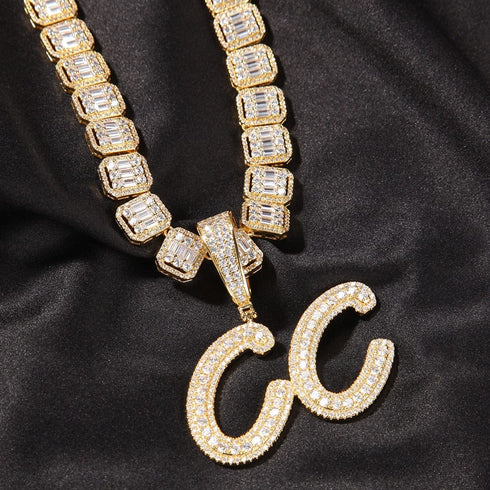 VVS Jewelry Custom Name Brush Cursive Baguette Pendant and Chain