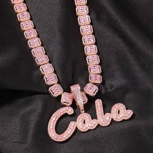 VVS Jewelry Custom Name Brush Cursive Baguette Pendant and Chain