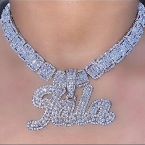 VVS Jewelry Custom Name Brush Cursive Baguette Pendant and Chain