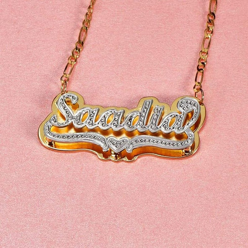VVS Jewelry Heart Custom Two Tone Figaro Name Necklace