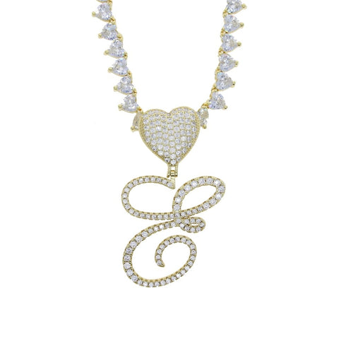 VVS Jewelry Iced Cursive Heart Initial Pendant Tennis Necklace