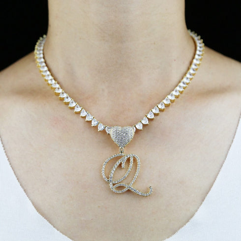 VVS Jewelry Iced Cursive Heart Initial Pendant Tennis Necklace