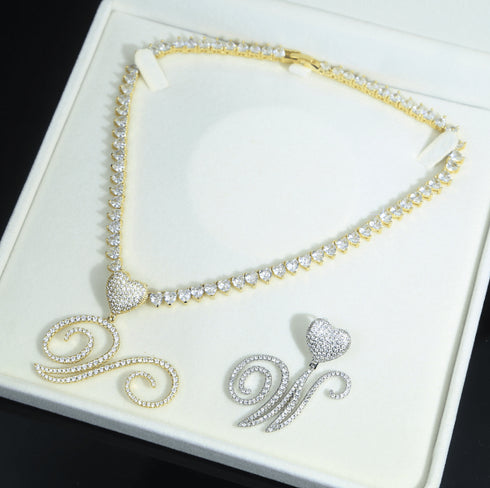 VVS Jewelry Iced Cursive Heart Initial Pendant Tennis Necklace