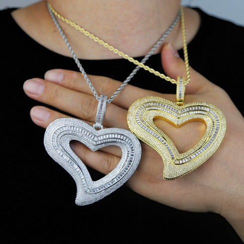 VVS Jewelry Iced Out Big Hollow Baguette Heart Pendant Chain