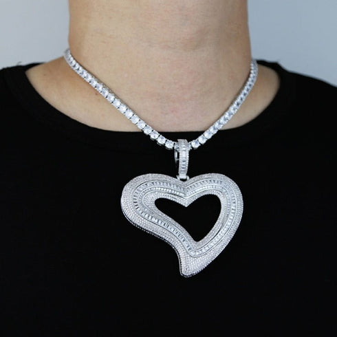 VVS Jewelry Iced Out Big Hollow Baguette Heart Pendant Chain