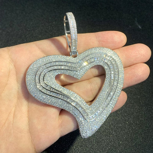 VVS Jewelry Iced Out Big Hollow Baguette Heart Pendant Chain
