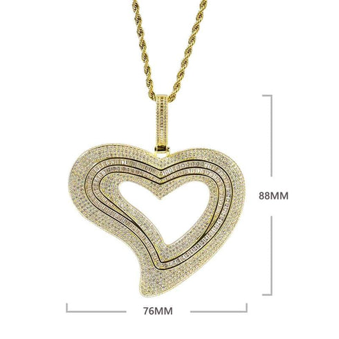 VVS Jewelry Iced Out Big Hollow Baguette Heart Pendant Chain