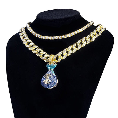 VVS Jewelry Money Bag Pendant Cuban Chain + Tennis Choker Bundle