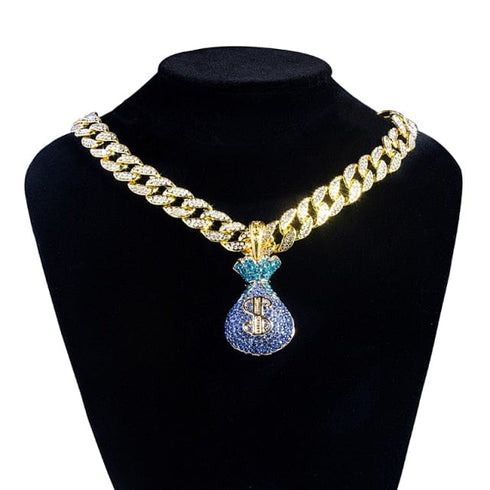 VVS Jewelry Money Bag Pendant Cuban Chain + Tennis Choker Bundle