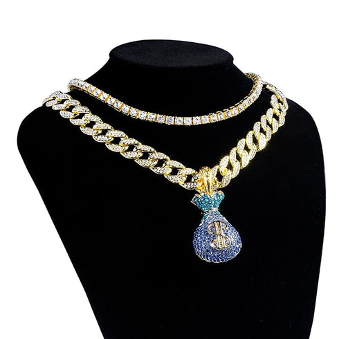 VVS Jewelry Money Bag Pendant Cuban Chain + Tennis Choker Bundle