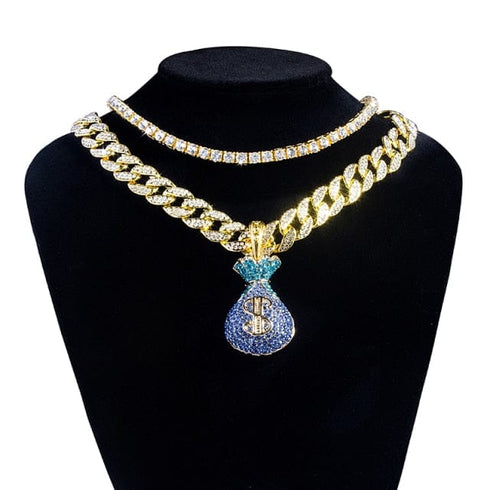 VVS Jewelry Money Bag Pendant Cuban Chain + Tennis Choker Bundle
