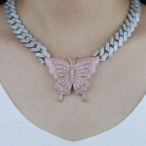 VVS Jewelry Pink Silver Butterfly Miami Cuban Choker