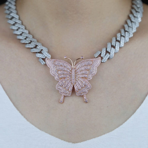VVS Jewelry Pink Silver Butterfly Miami Cuban Choker