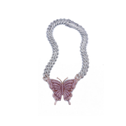 VVS Jewelry Pink Silver Butterfly Miami Cuban Choker