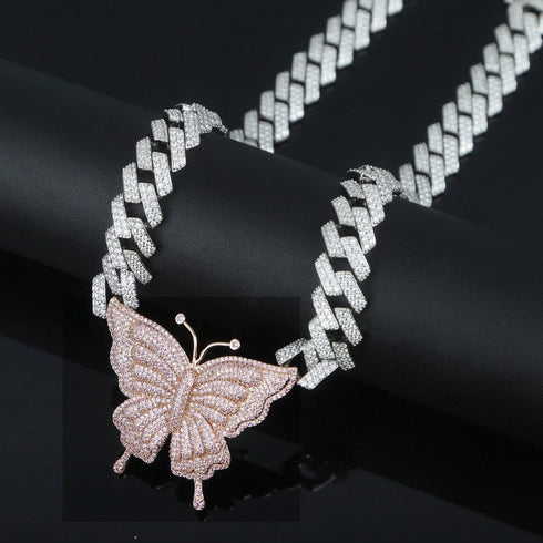 VVS Jewelry Pink Silver Butterfly Miami Cuban Choker
