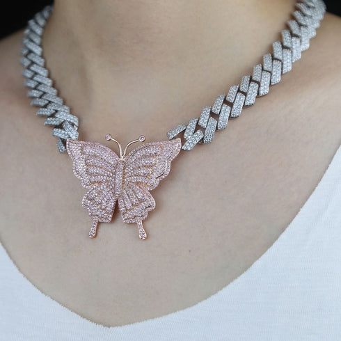 VVS Jewelry Pink Silver Butterfly Miami Cuban Choker