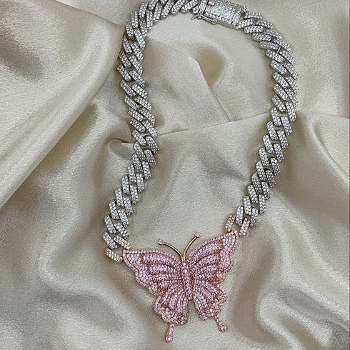 VVS Jewelry Pink Silver Butterfly Miami Cuban Choker