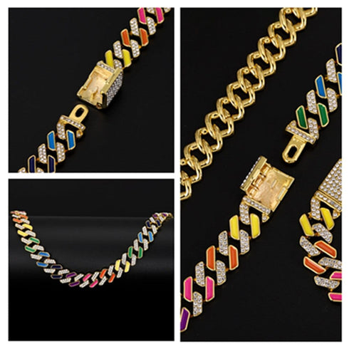 Rainbow Cuban Link Chain – Multicolor Iced Out Necklace & FREE Bracelet