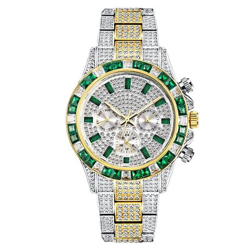 VVS Jewelry Two-Tone Green Iced Out Watch
