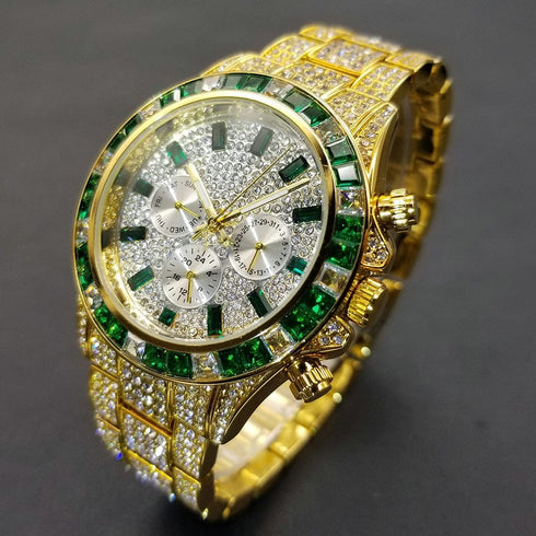 VVS Jewelry Two-Tone Green Iced Out Watch
