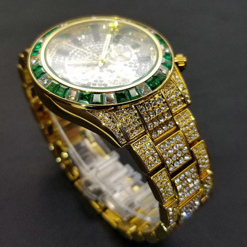 VVS Jewelry Two-Tone Green Iced Out Watch