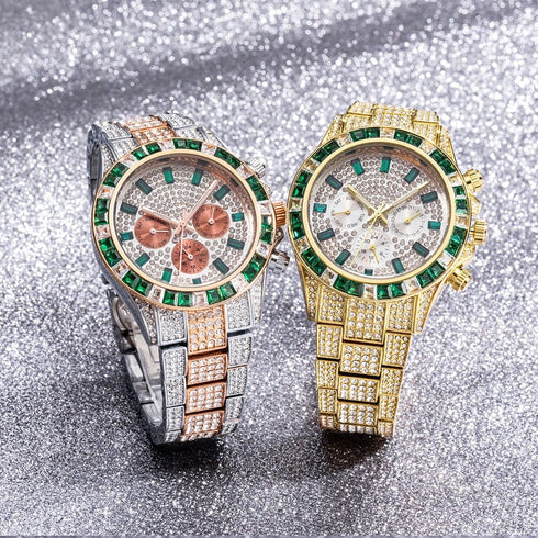 VVS Jewelry Two-Tone Green Iced Out Watch