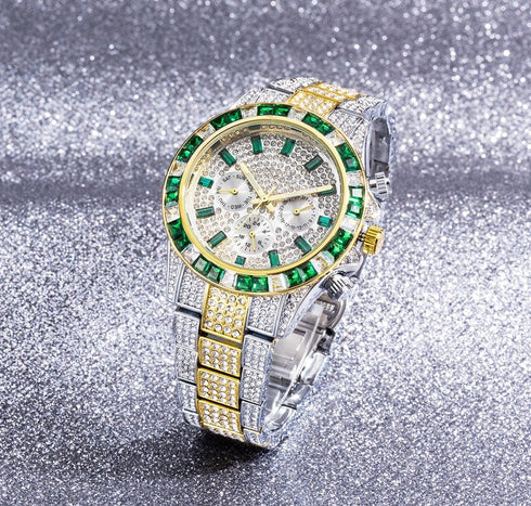 VVS Jewelry Two-Tone Green Iced Out Watch