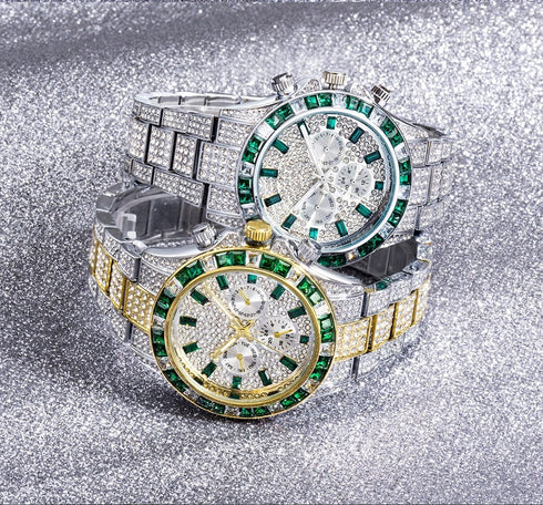 VVS Jewelry Two-Tone Green Iced Out Watch