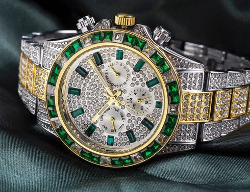 VVS Jewelry Two-Tone Green Iced Out Watch